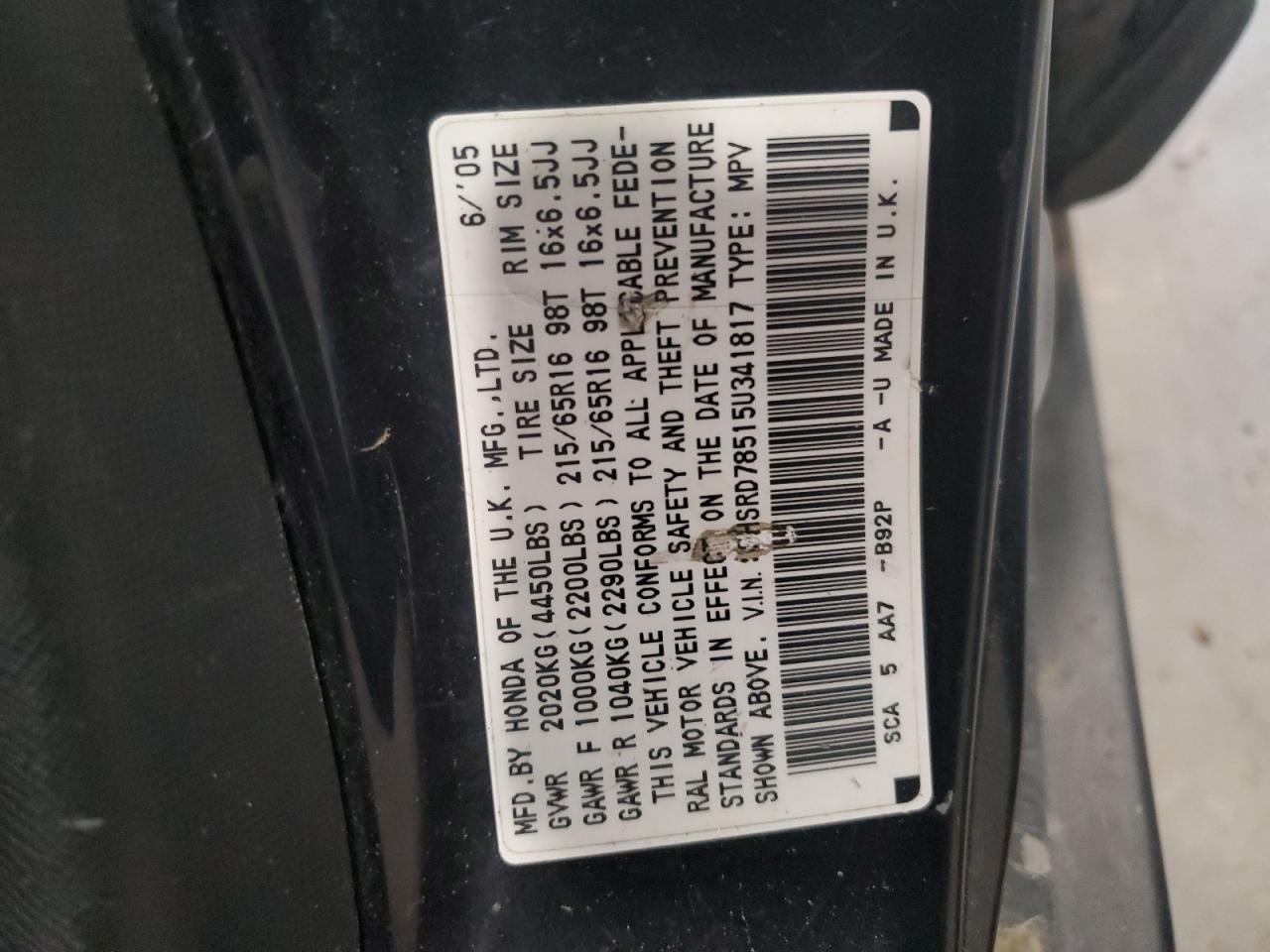 2005 Honda Cr-V Lx VIN: SHSRD78515U341817 Lot: 65841674