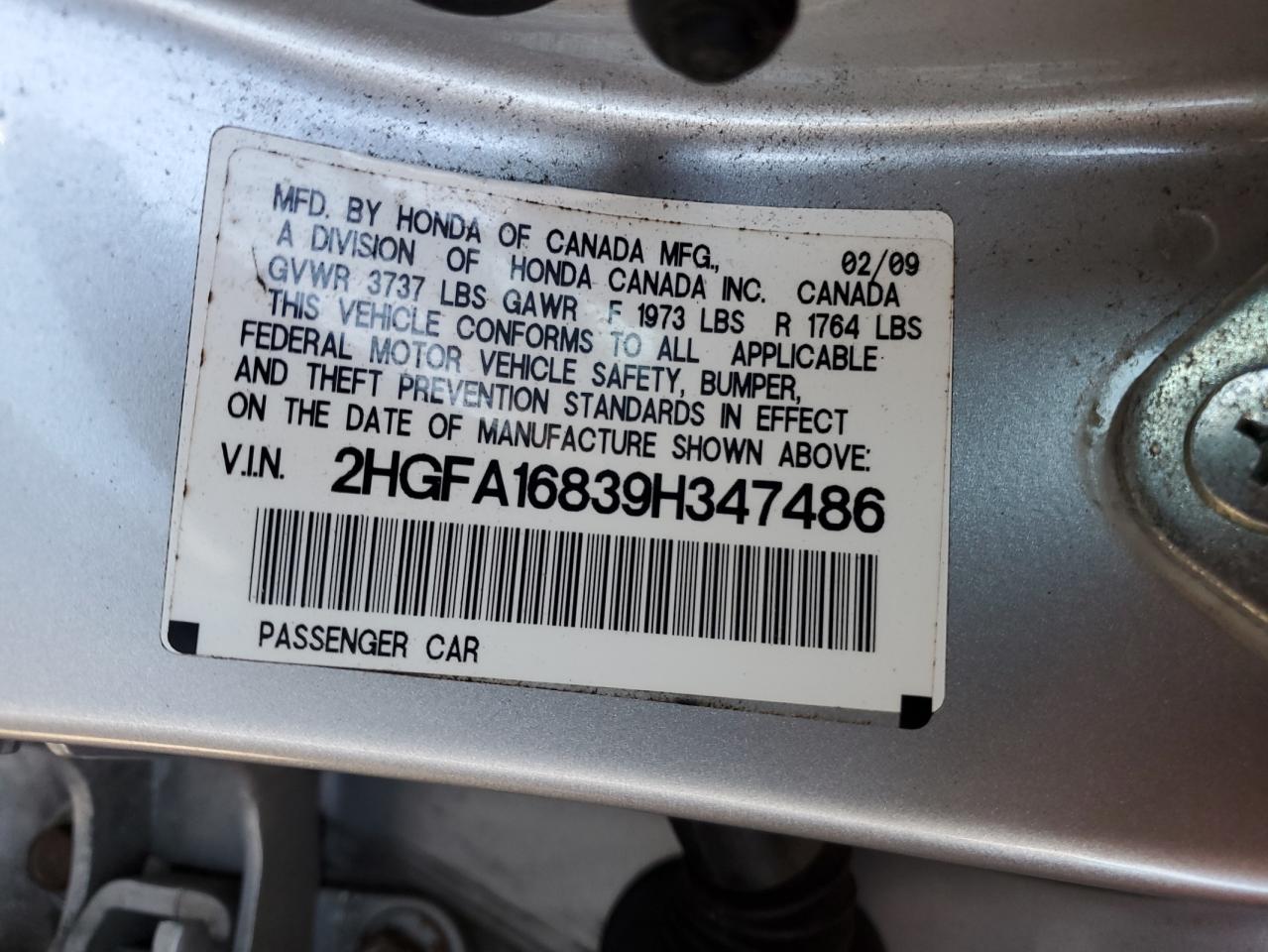 2009 Honda Civic Ex VIN: 2HGFA16839H347486 Lot: 68111474