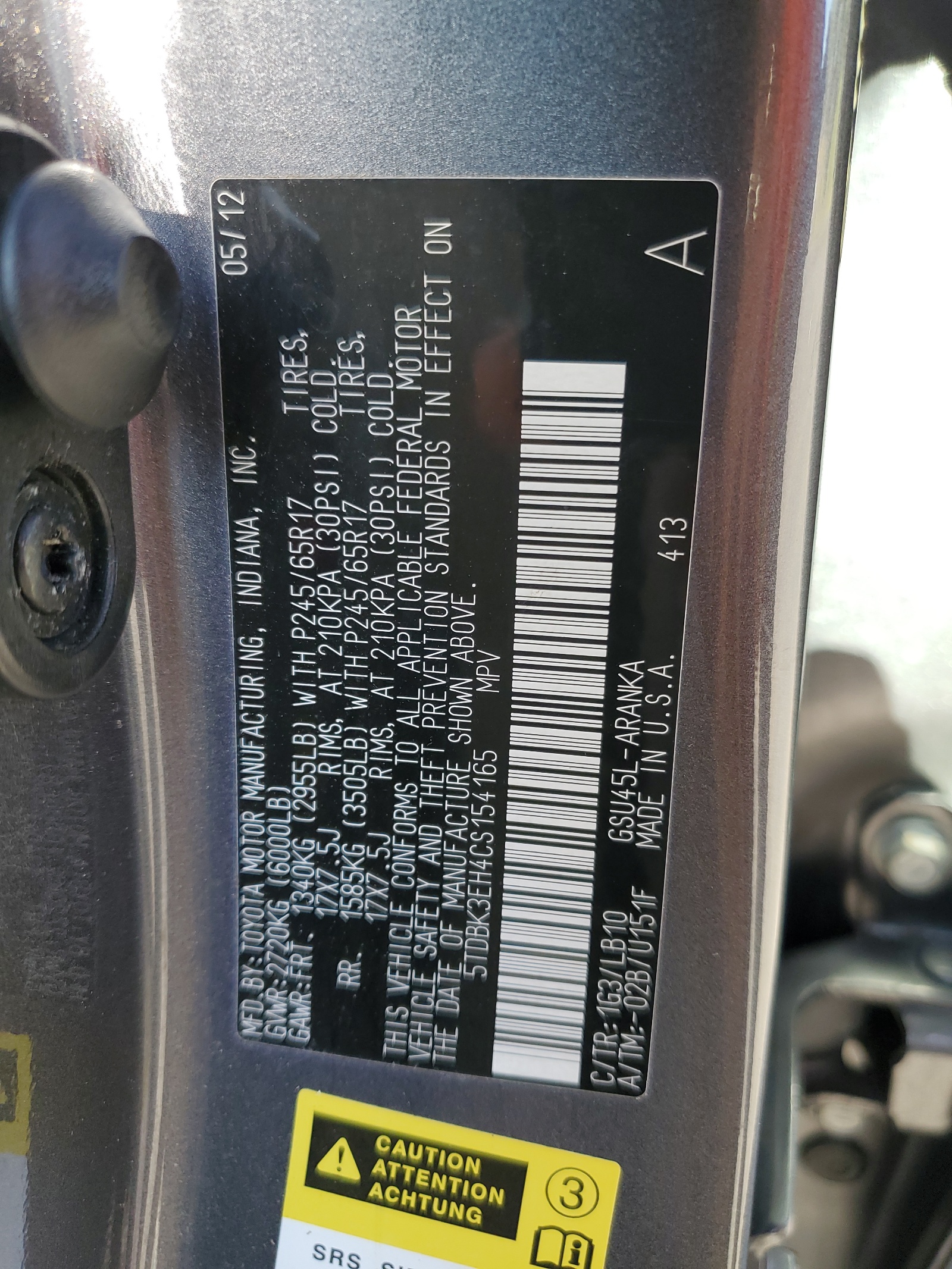 5TDBK3EH4CS154165 2012 Toyota Highlander Base