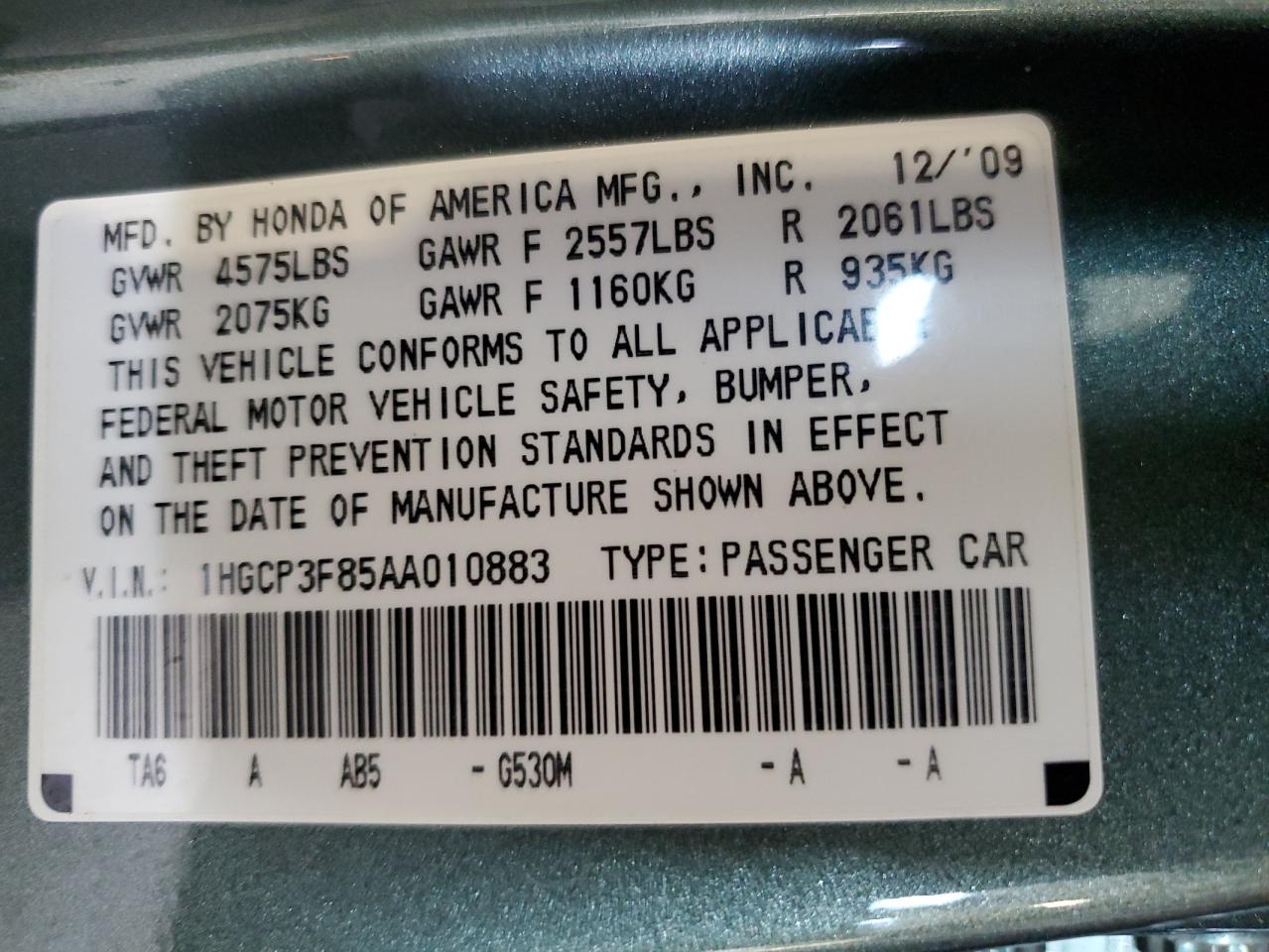 1HGCP3F85AA010883 2010 Honda Accord Exl