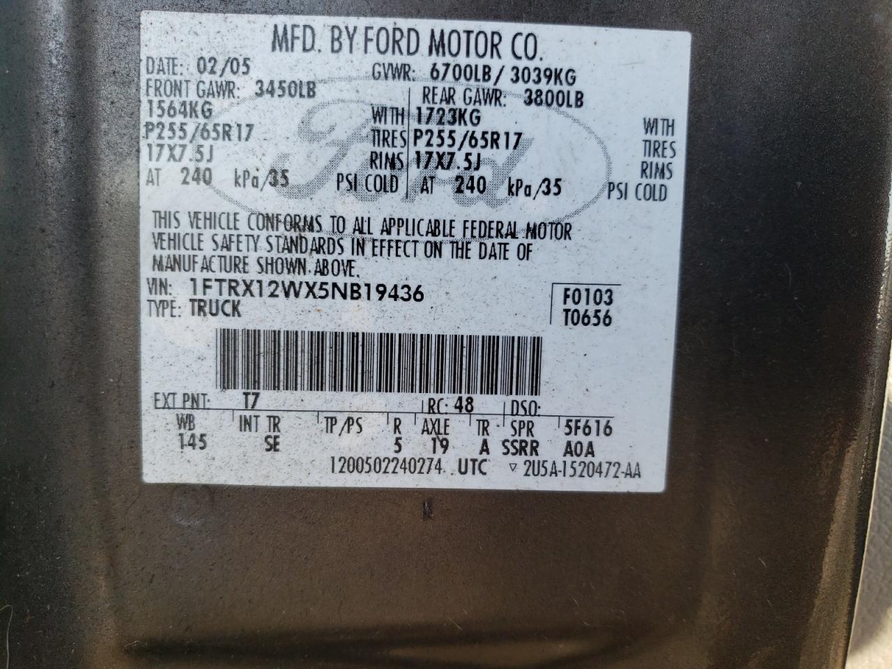 1FTRX12WX5NB19436 2005 Ford F150 1FTRX12WX5NB19436 2005 Ford F150
