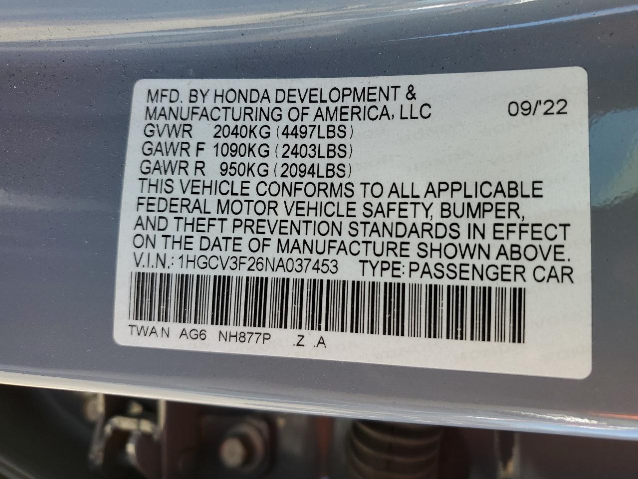 1HGCV3F26NA037453 2022 Honda Accord Hybrid Sport