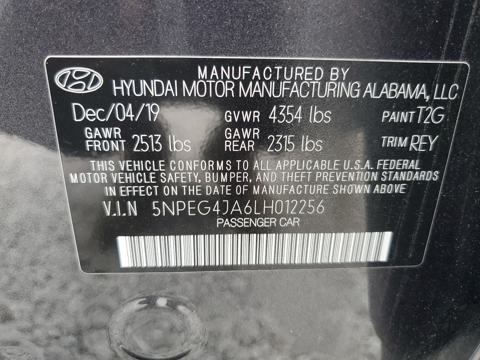 5NPEG4JA6LH012256 2020 Hyundai Sonata Se