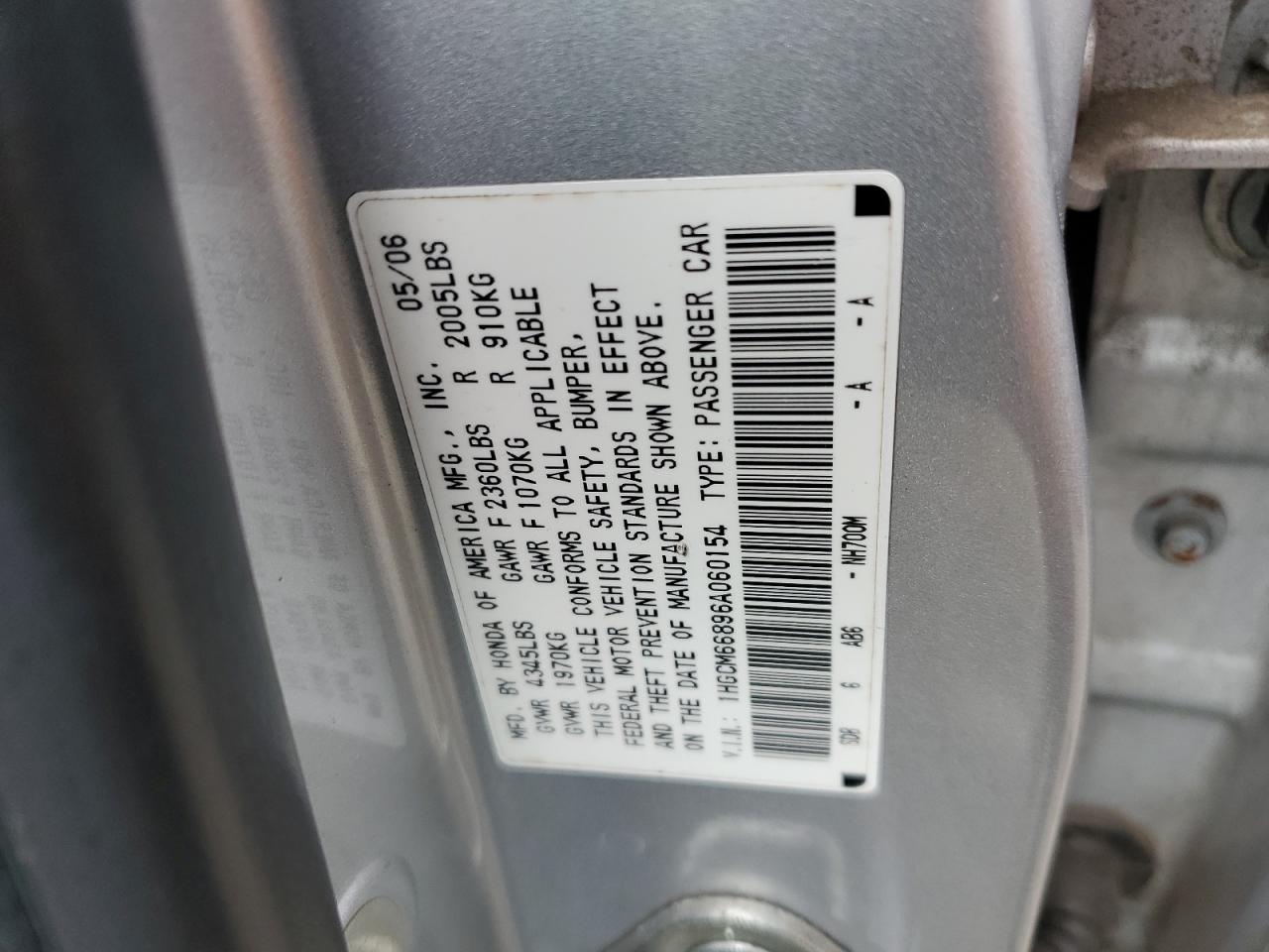 1HGCM66896A060154 2006 Honda Accord Ex