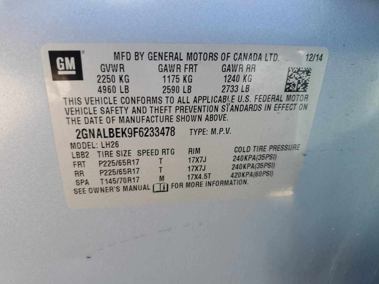 2GNALBEK9F6233478 2015 Chevrolet Equinox Lt