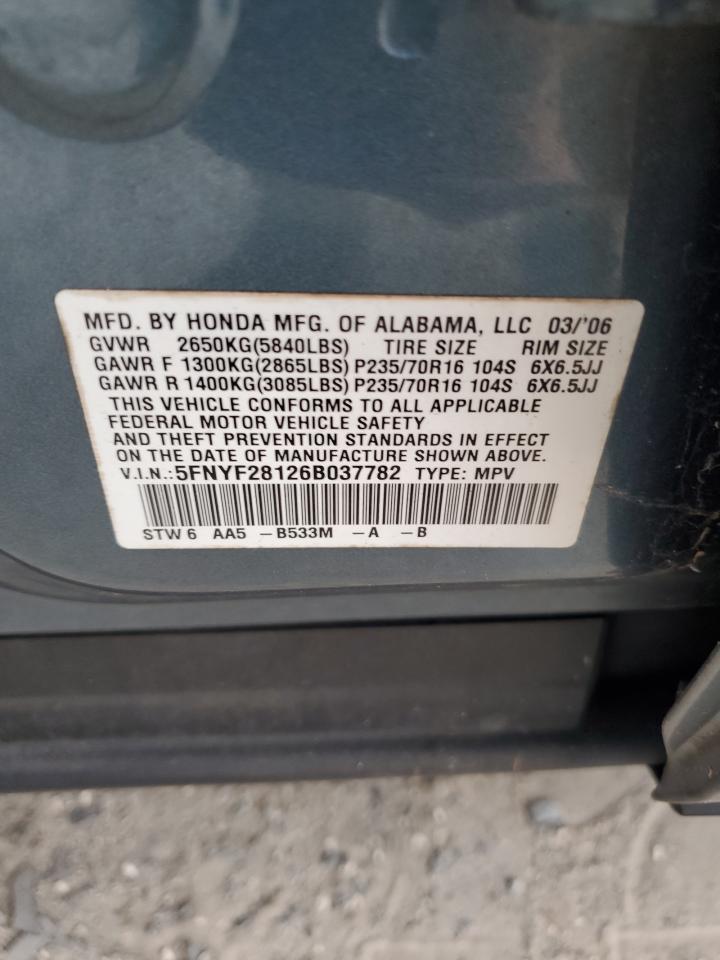 2006 Honda Pilot Lx VIN: 5FNYF28126B037782 Lot: 67214664