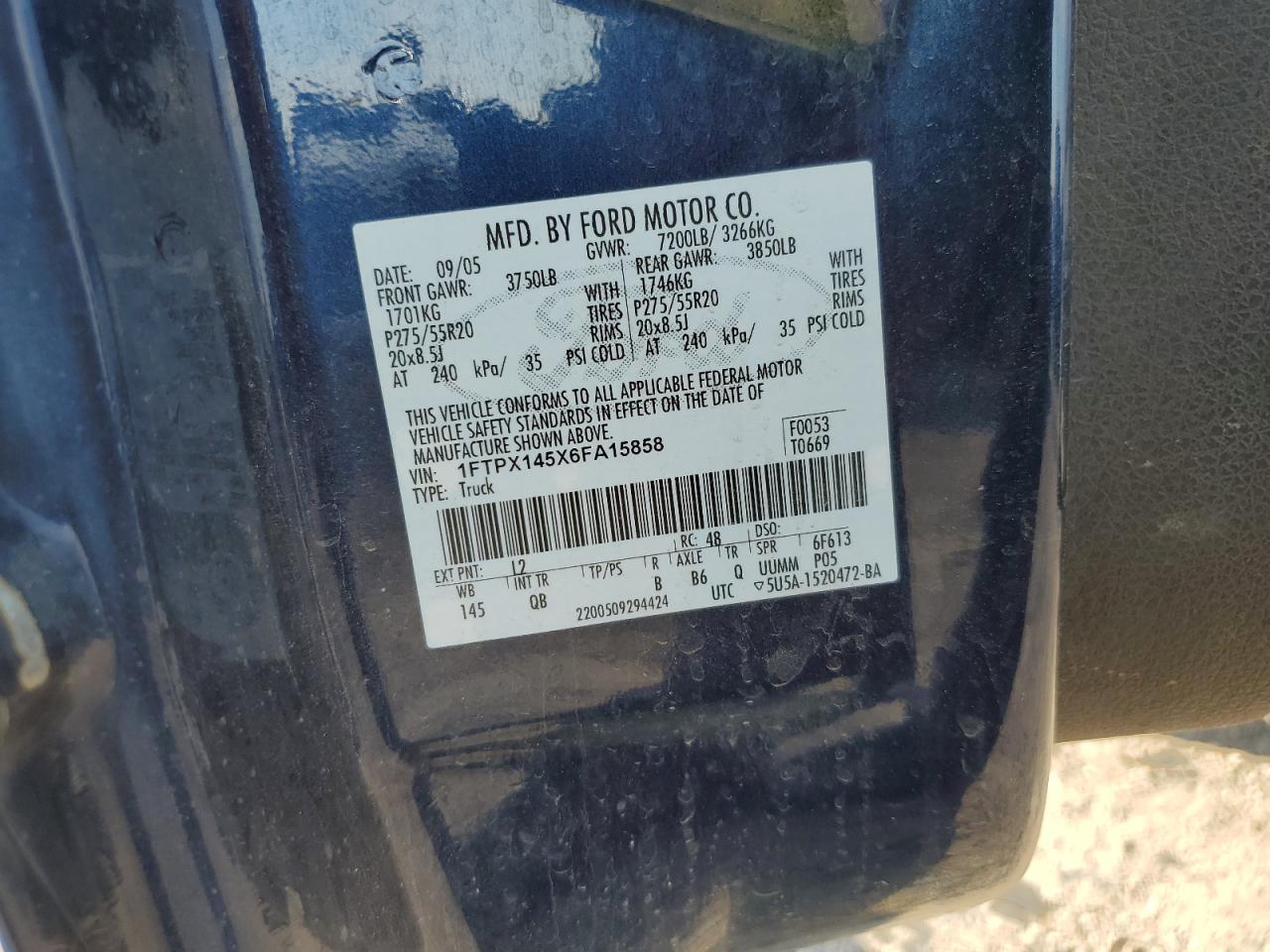 2006 Ford F150 VIN: 1FTPX145X6FA15858 Lot: 66087884