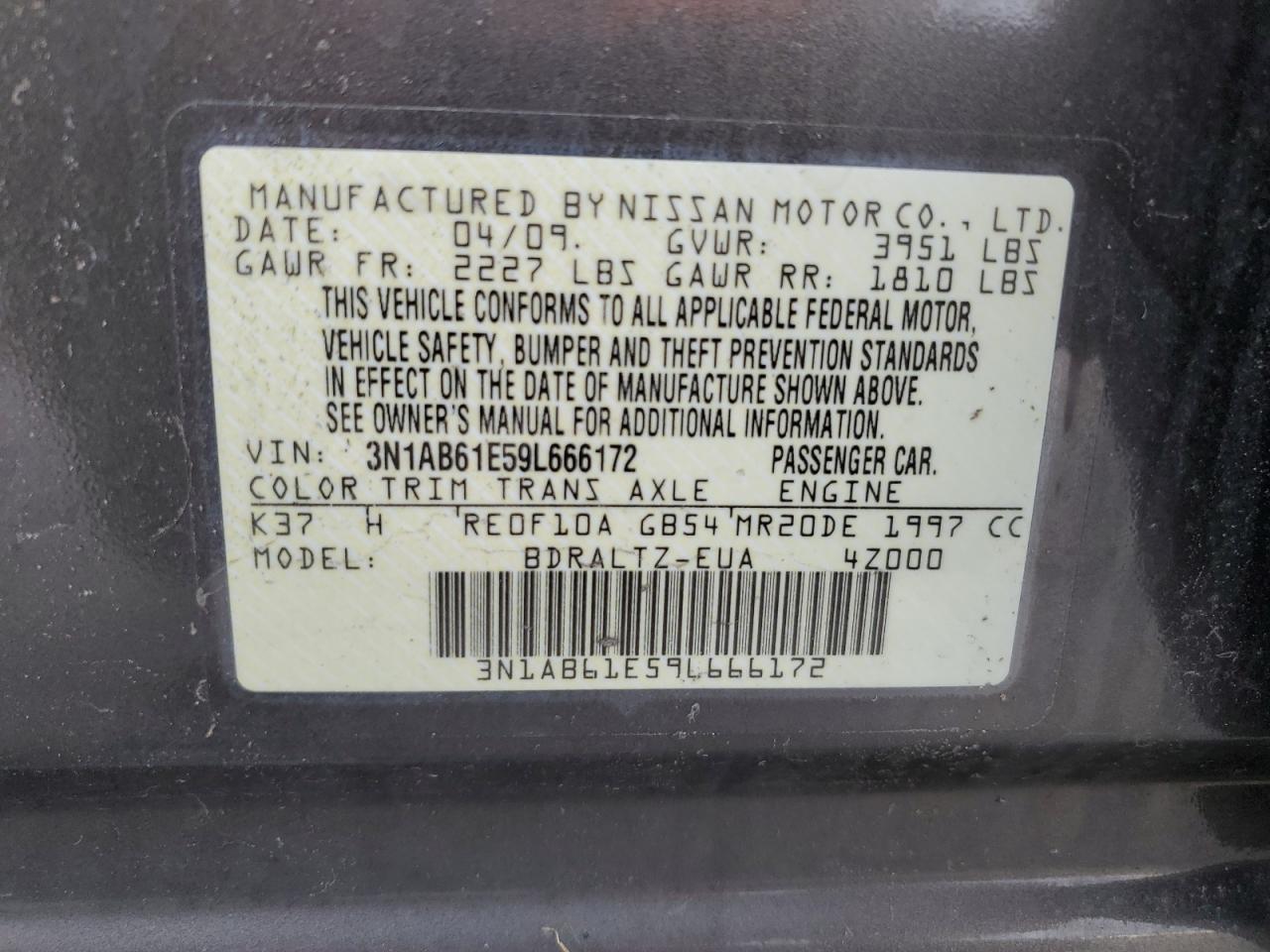 3N1AB61E59L666172 2009 Nissan Sentra 2.0