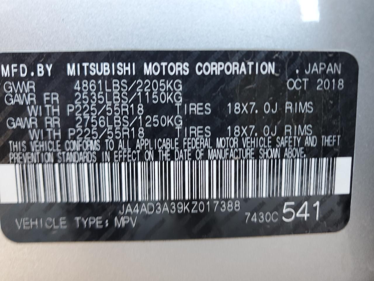 2019 Mitsubishi Outlander Se VIN: JA4AD3A39KZ017388 Lot: 67608094