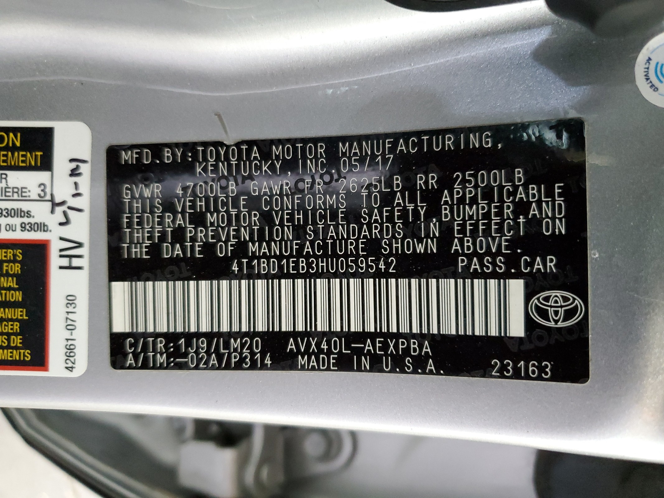 4T1BD1EB3HU059542 2017 Toyota Avalon Hybrid