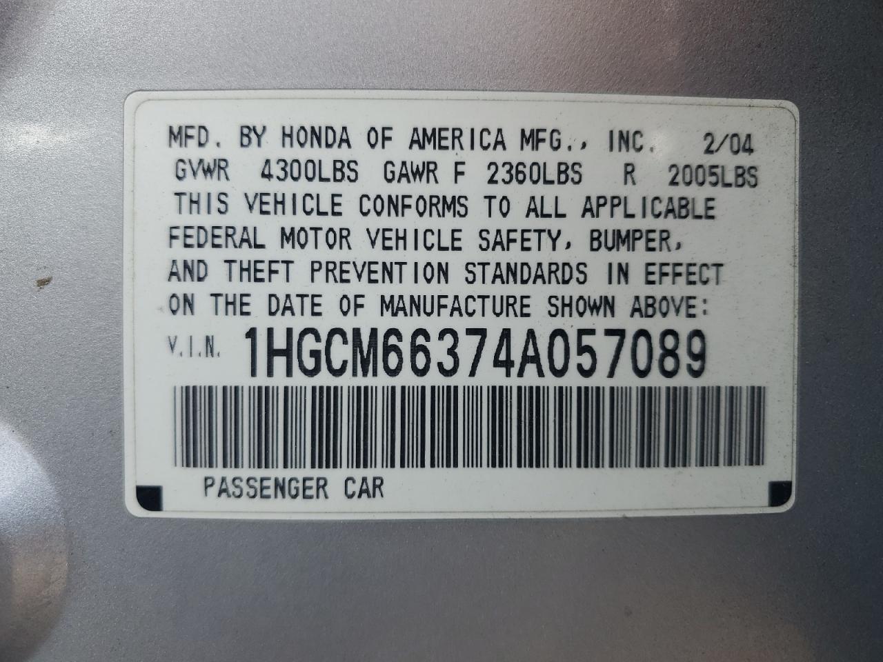 1HGCM66374A057089 2004 Honda Accord Lx