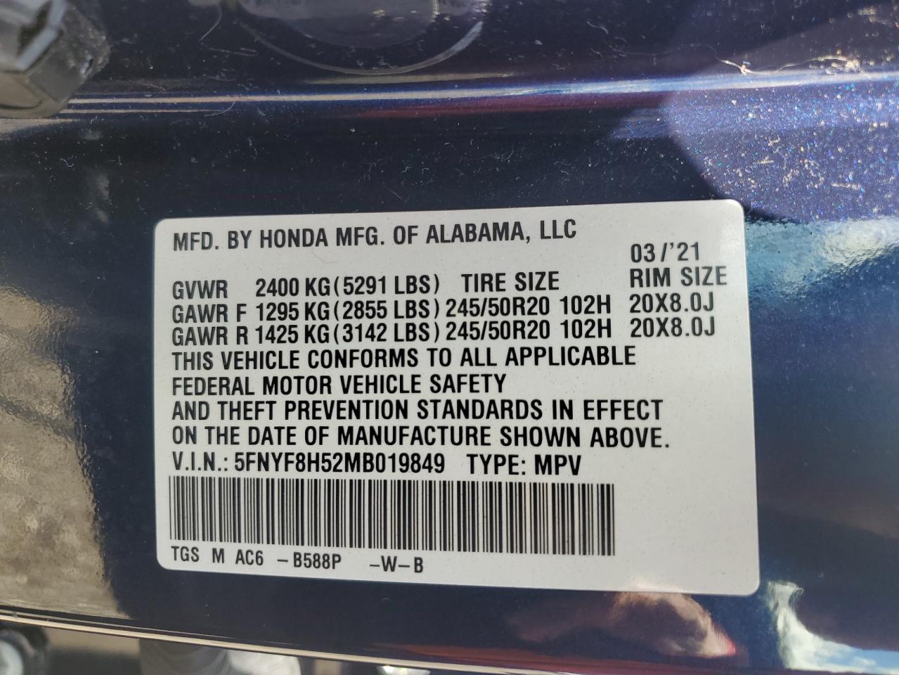 2021 Honda Passport Exl VIN: 5FNYF8H52MB019849 Lot: 67259624