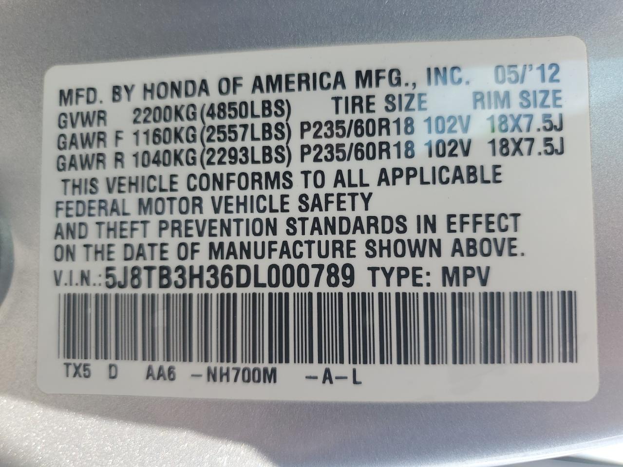 5J8TB3H36DL000789 2013 Acura Rdx