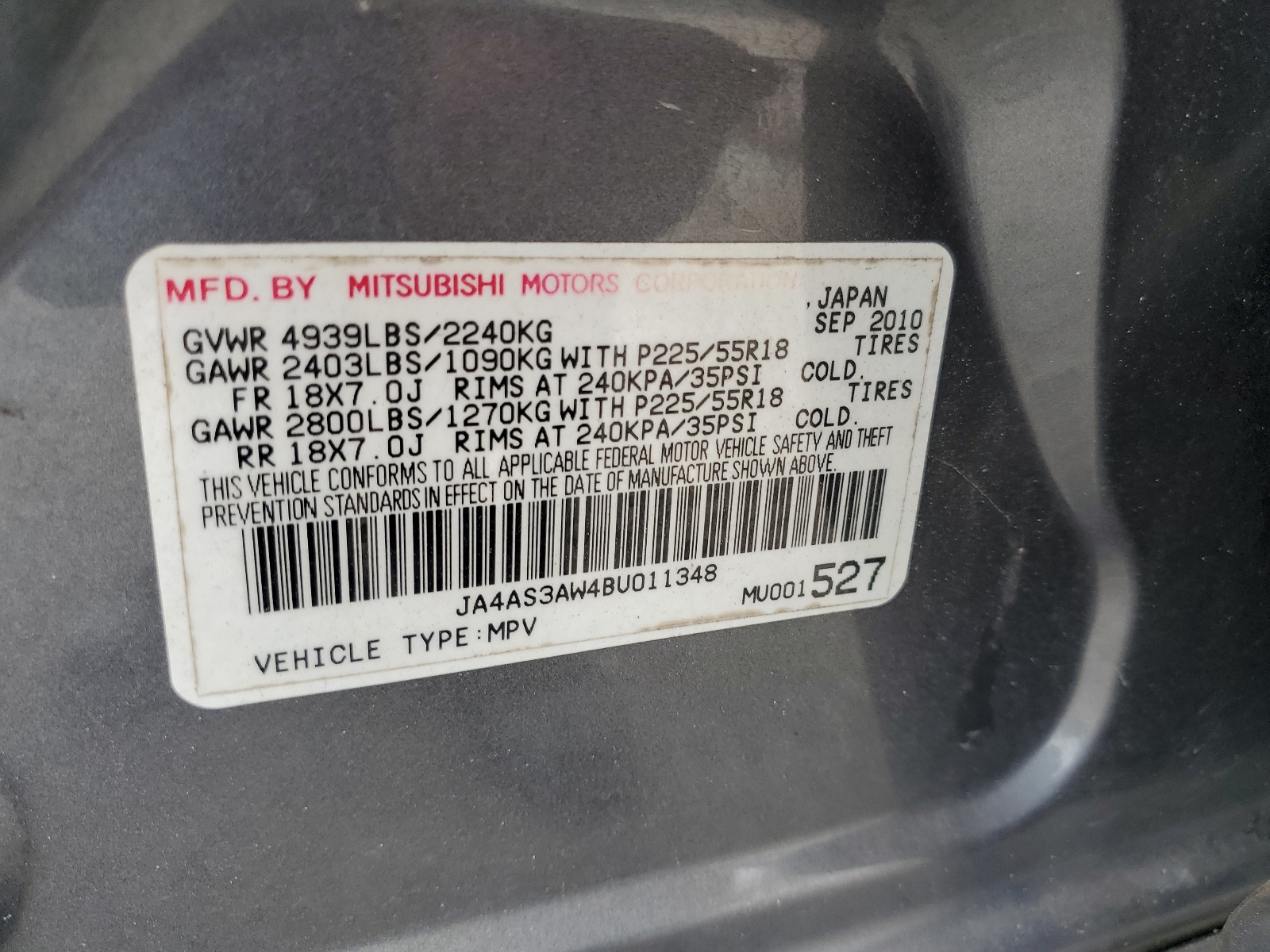 JA4AS3AW4BU011348 2011 Mitsubishi Outlander Se