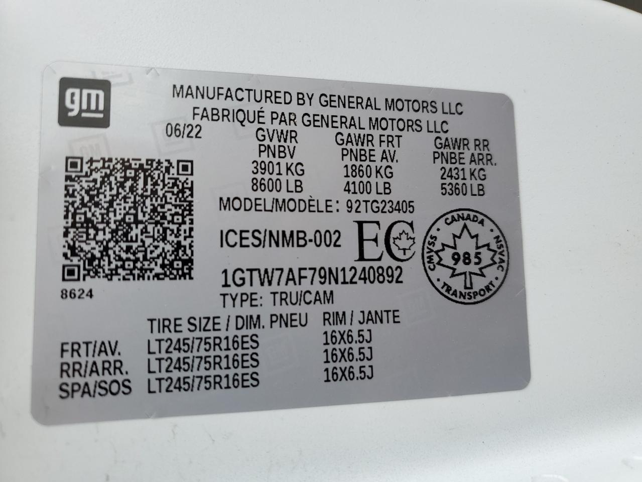 2022 GMC Savana G2500 VIN: 1GTW7AF79N1240892 Lot: 67787844