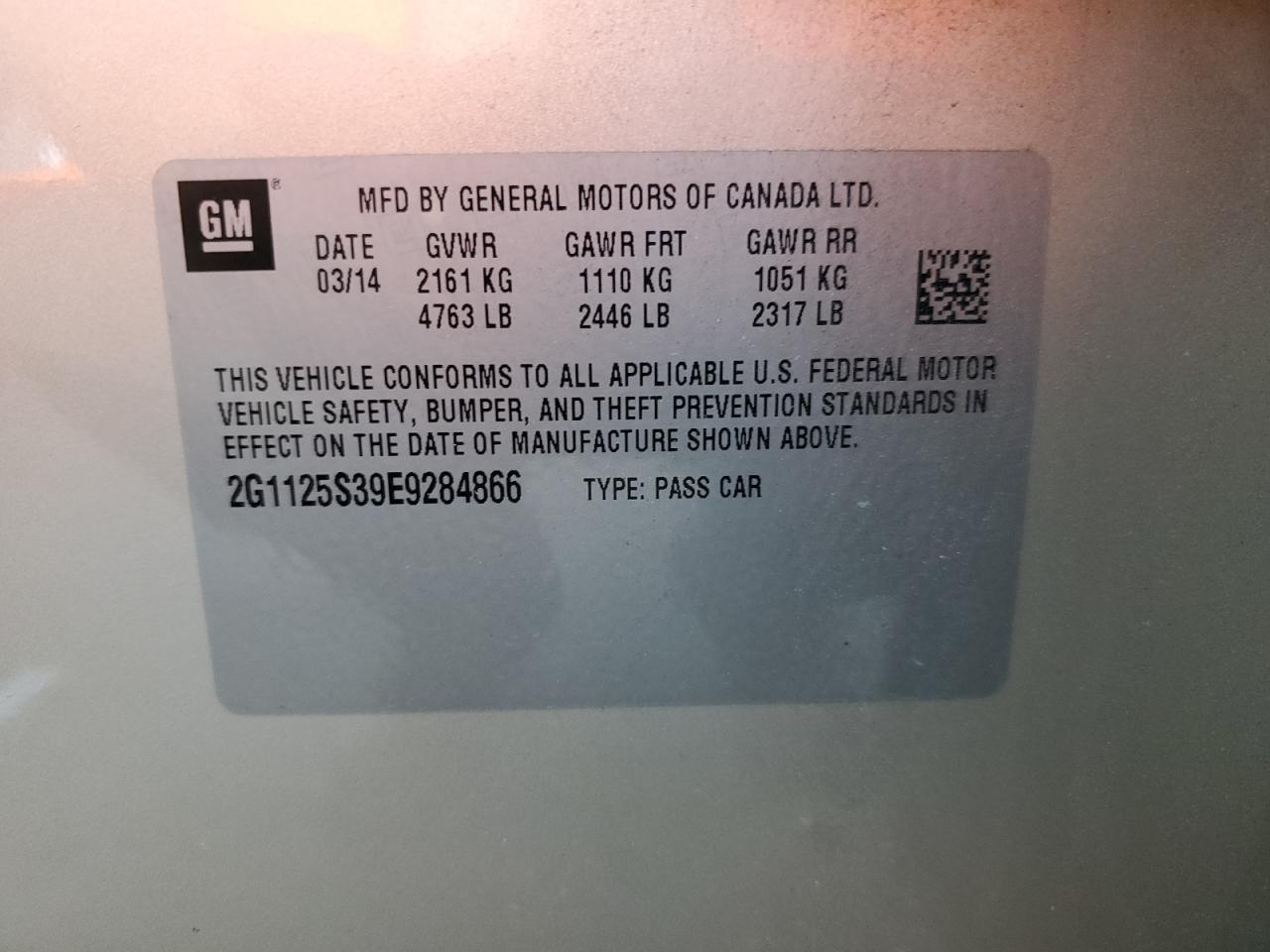 2G1125S39E9284866 2014 Chevrolet Impala Lt