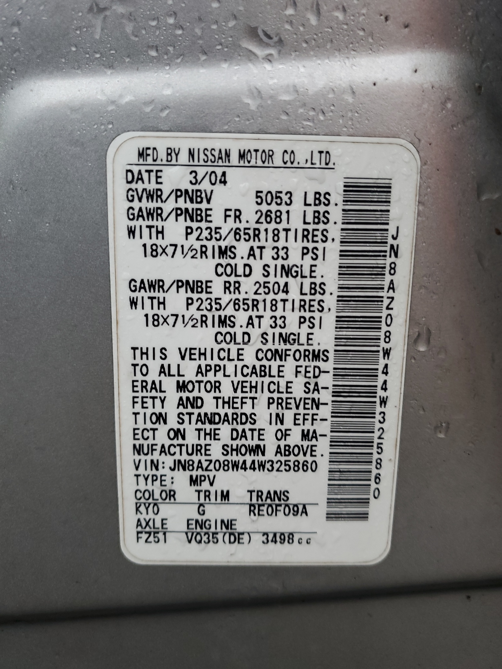 JN8AZ08W44W325860 2004 Nissan Murano Sl