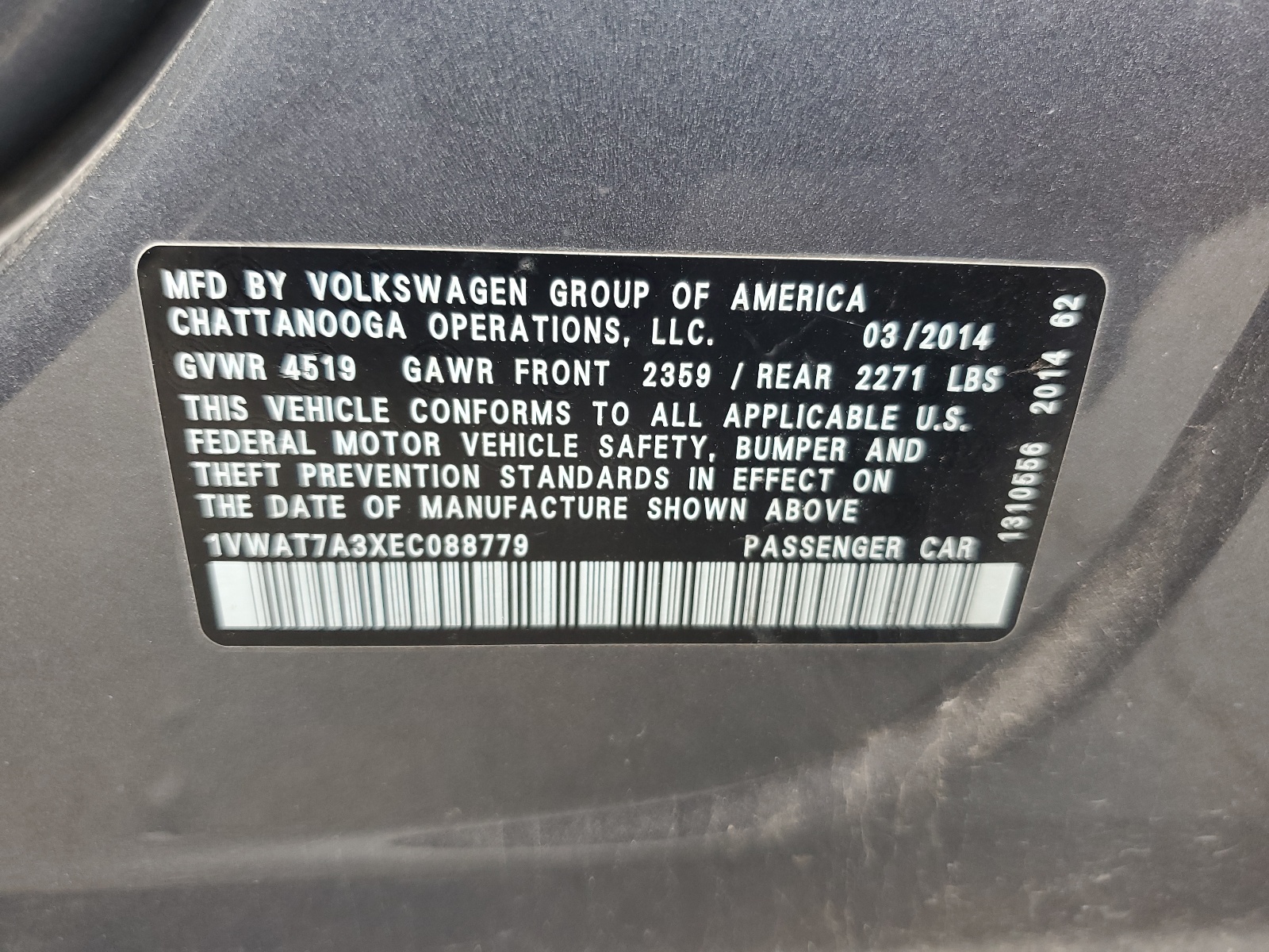 2014 Volkswagen Passat S vin: 1VWAT7A3XEC088779