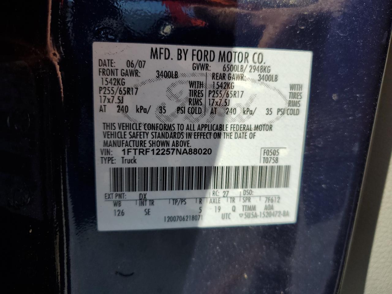 2007 Ford F150 VIN: 1FTRF12257NA88020 Lot: 66943984