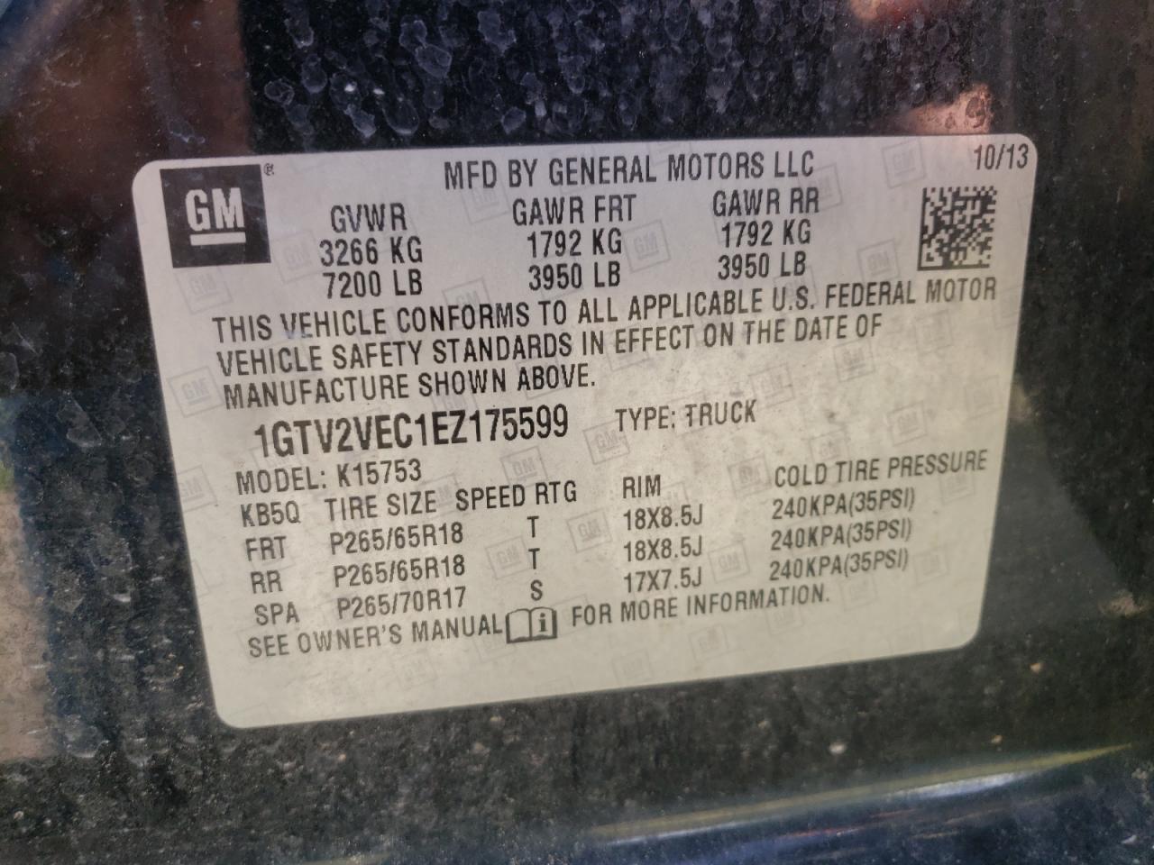 1GTV2VEC1EZ175599 2014 GMC Sierra K1500 Slt