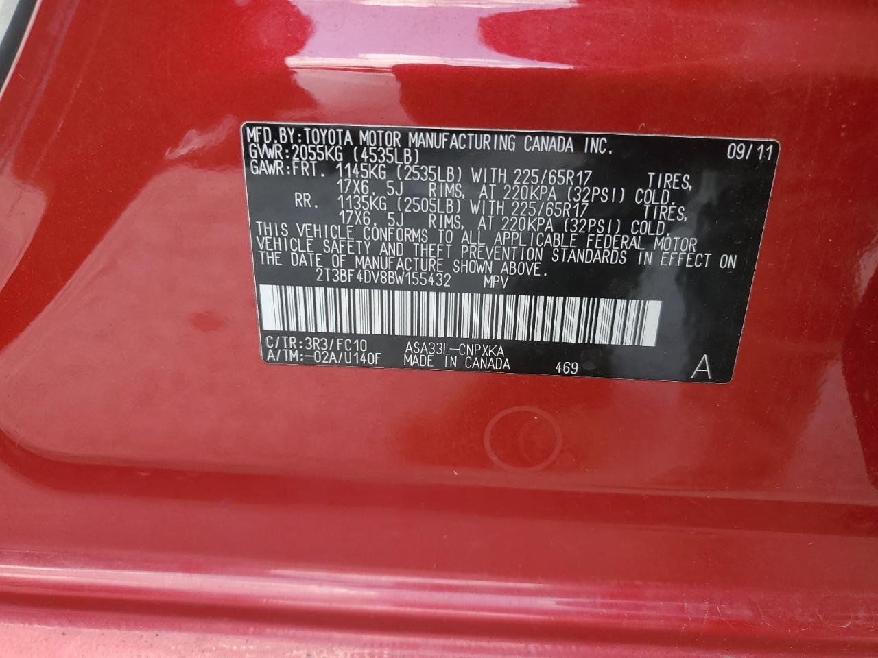 2011 Toyota Rav4 VIN: 2T3BF4DV8BW155432 Lot: 64950944