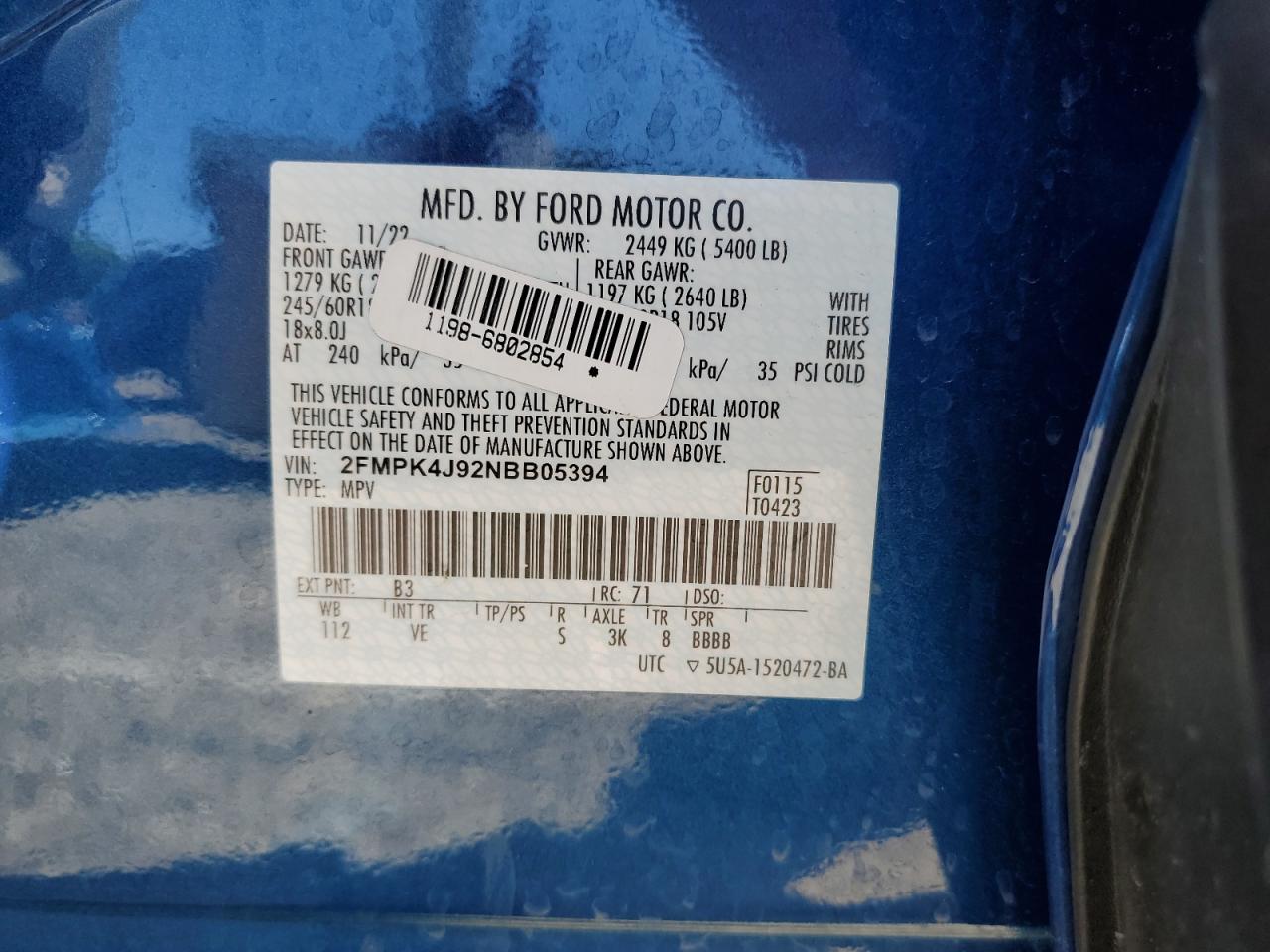 2022 Ford Edge Sel VIN: 2FMPK4J92NBB05394 Lot: 68140134