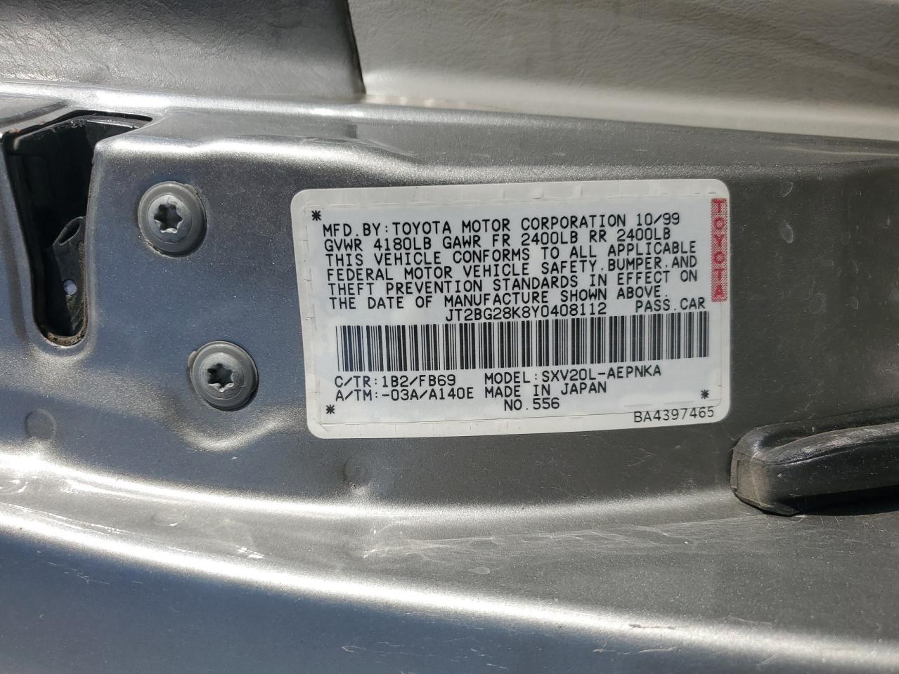 2000 Toyota Camry Le VIN: JT2BG28K8Y0408112 Lot: 66302734