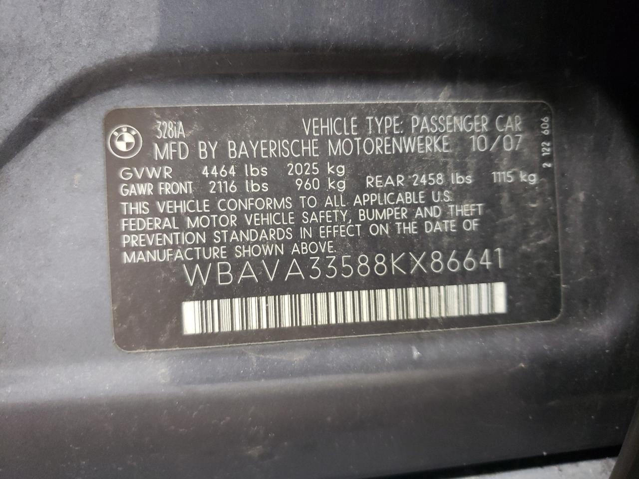 2008 BMW 328 I VIN: WBAVA33588KX86641 Lot: 67310214