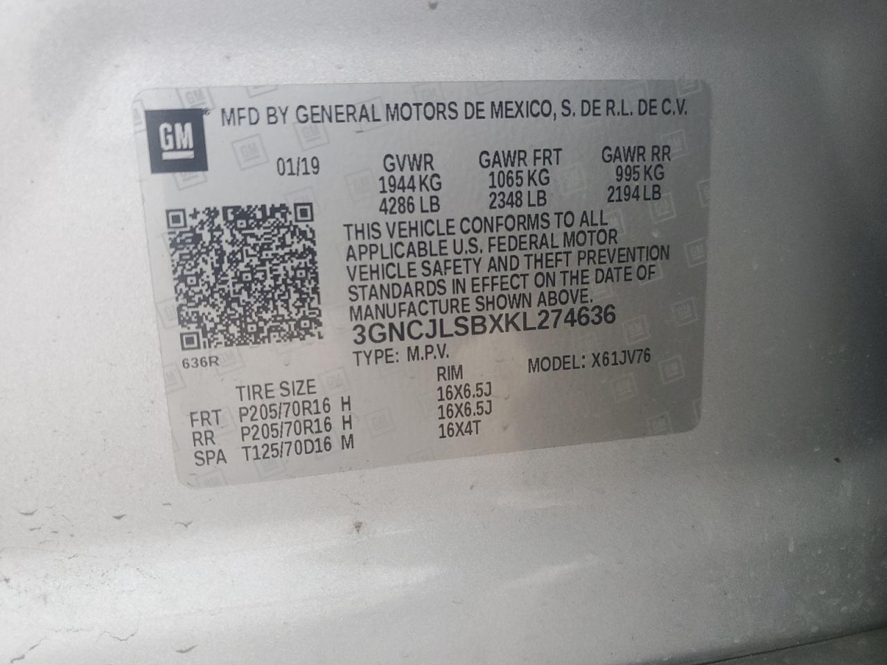 2019 Chevrolet Trax 1Lt VIN: 3GNCJLSBXKL274636 Lot: 65934264