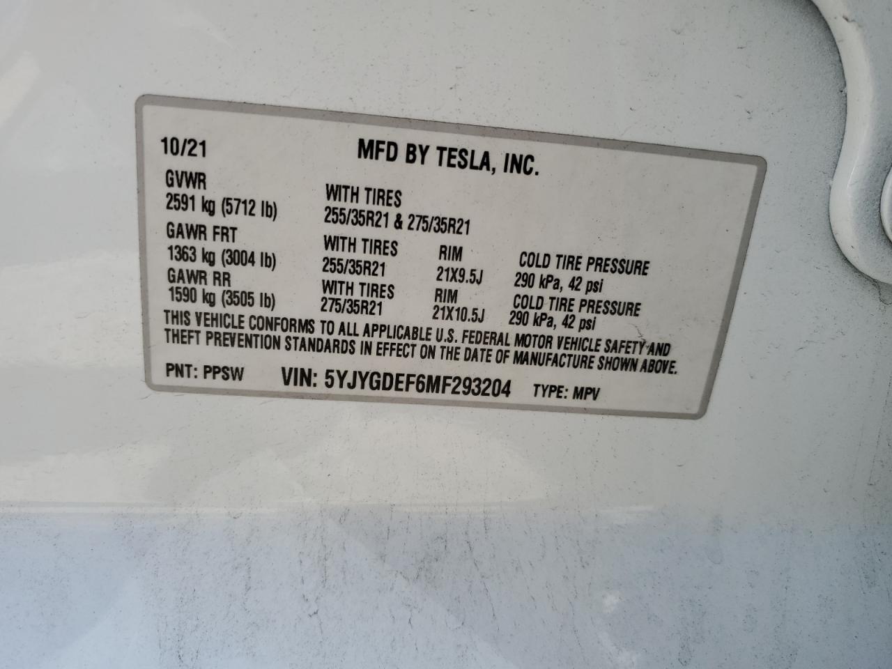 5YJYGDEF6MF293204 2021 Tesla Model Y