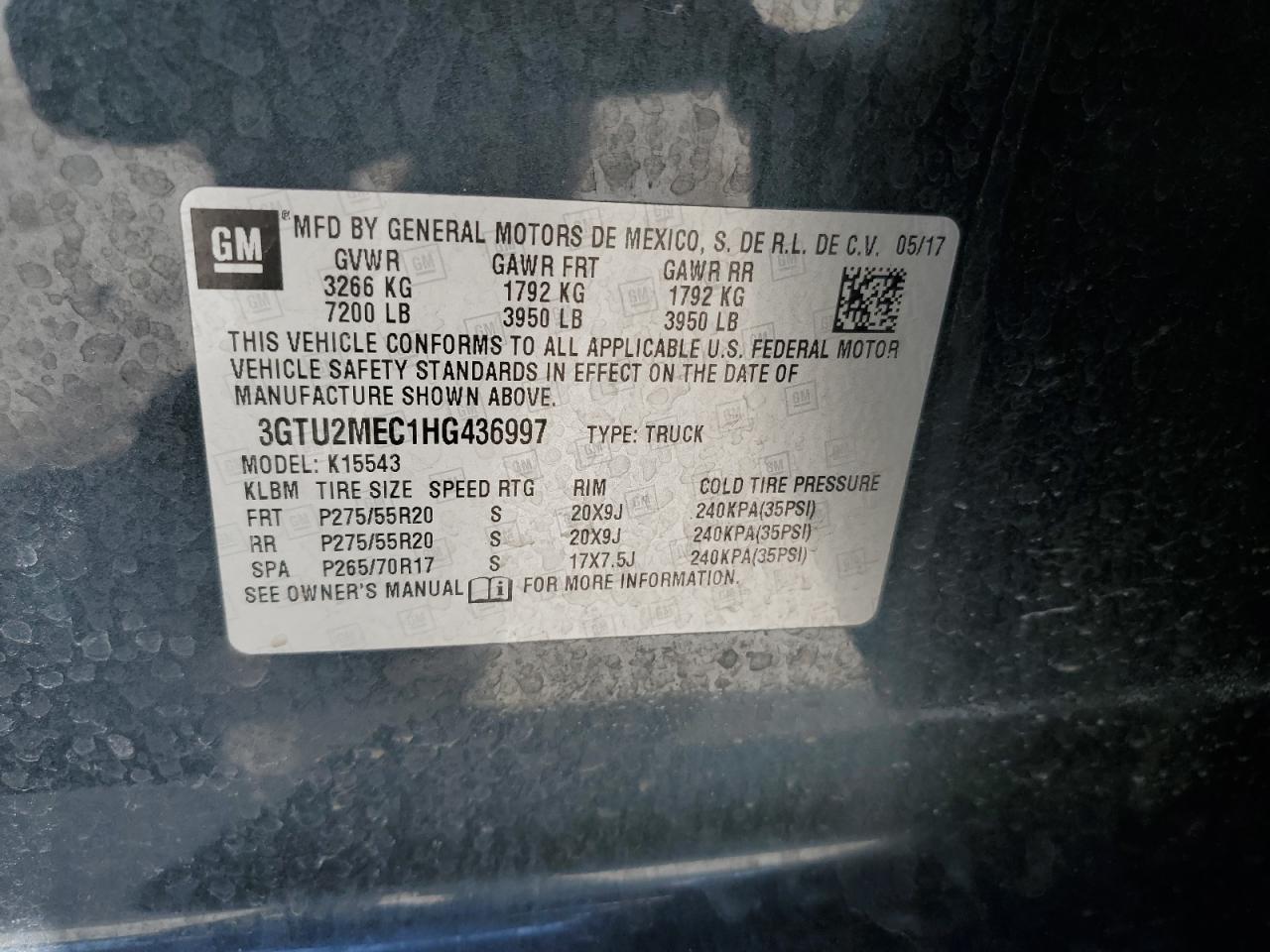 3GTU2MEC1HG436997 2017 GMC Sierra K1500 Sle