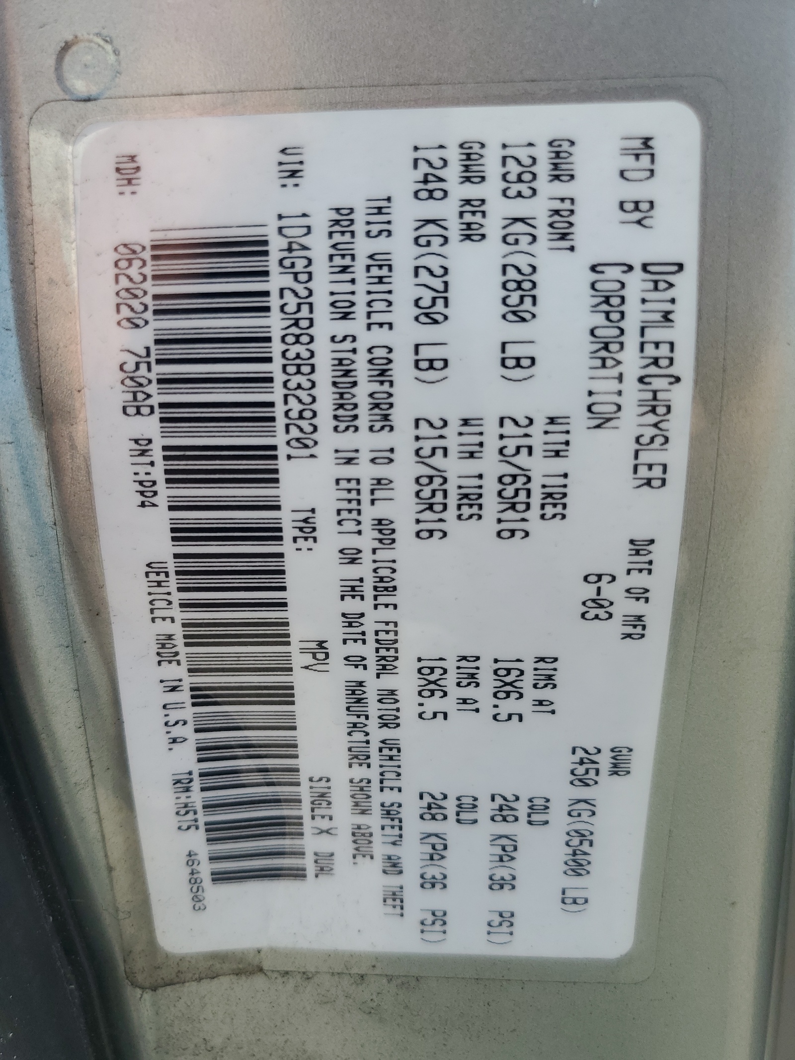 1D4GP25R83B329201 2003 Dodge Caravan Se