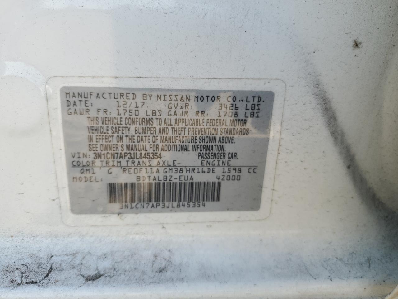 3N1CN7AP3JL845354 2018 Nissan Versa S