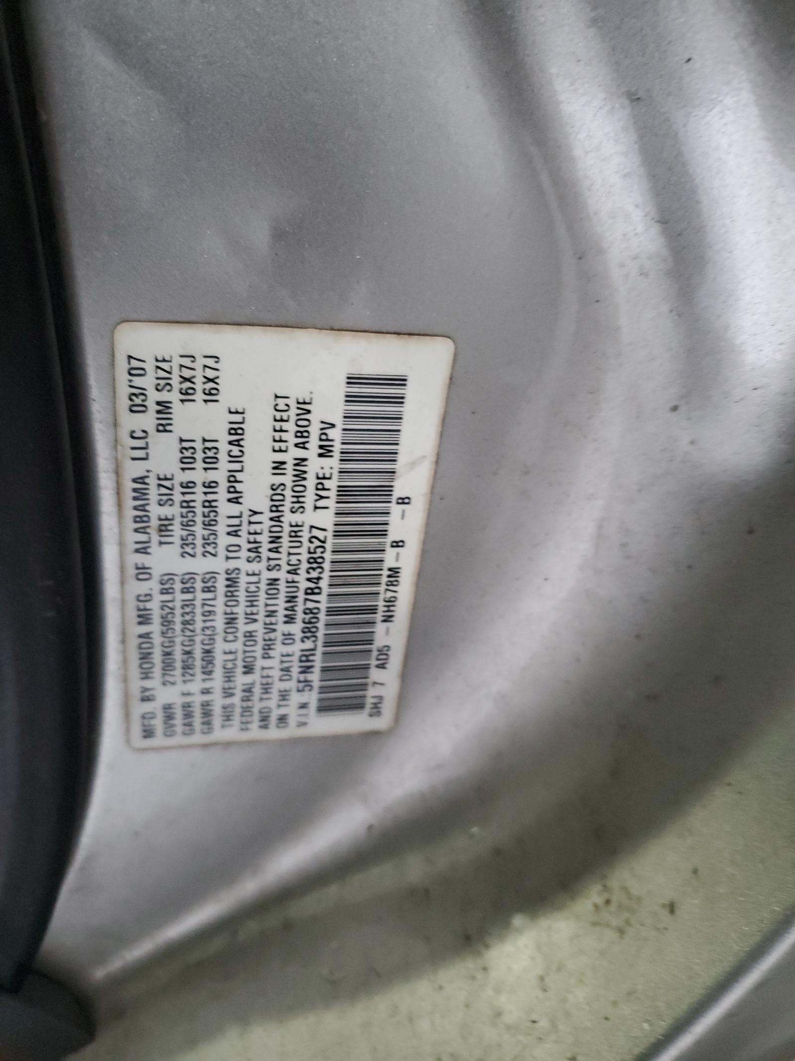 5FNRL38687B438527 2007 Honda Odyssey Exl