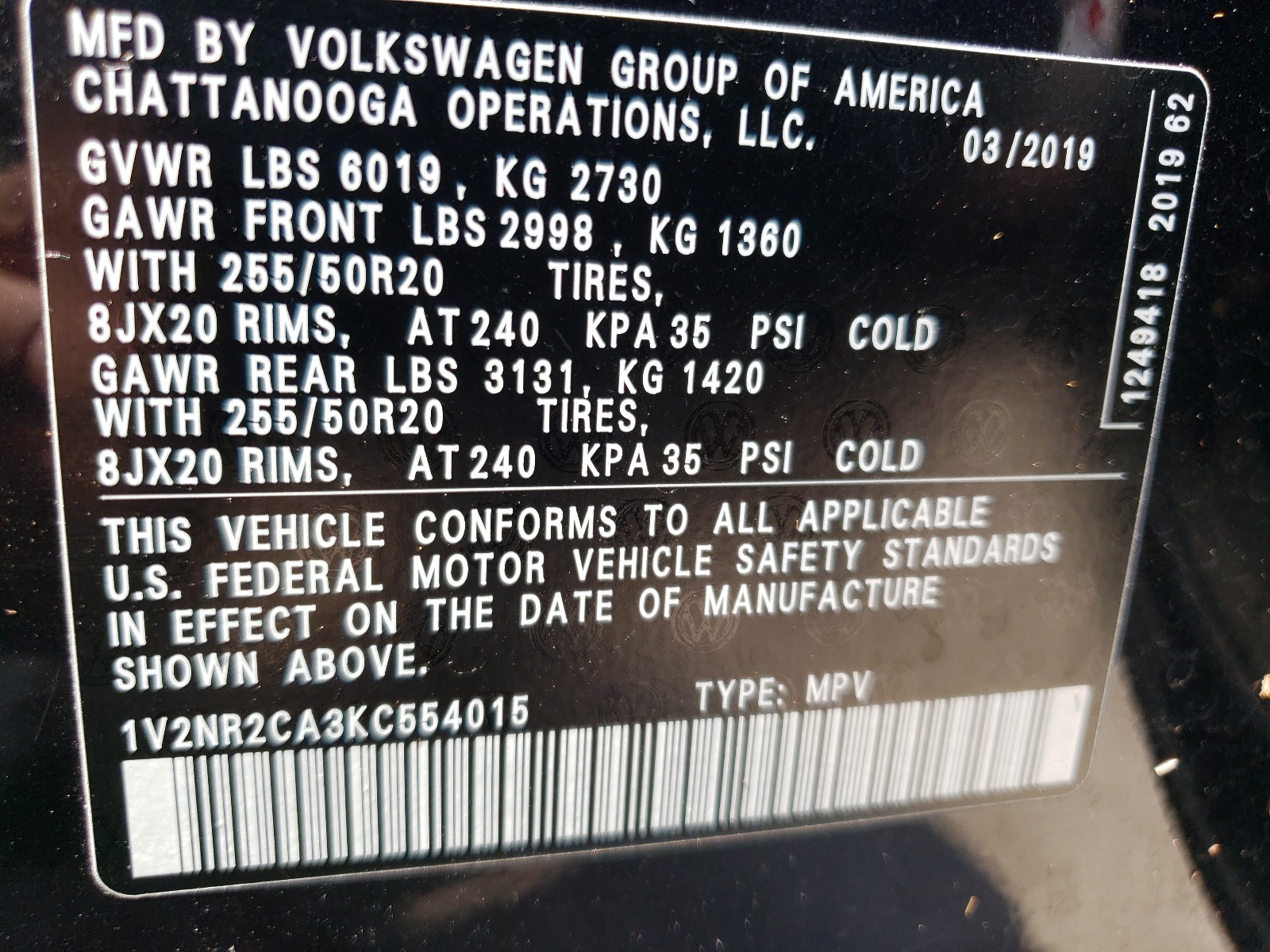 1V2NR2CA3KC554015 2019 Volkswagen Atlas Sel Premium