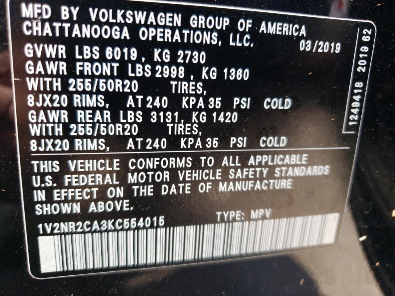 2019 Volkswagen Atlas Sel Premium VIN: 1V2NR2CA3KC554015 Lot: 66667854