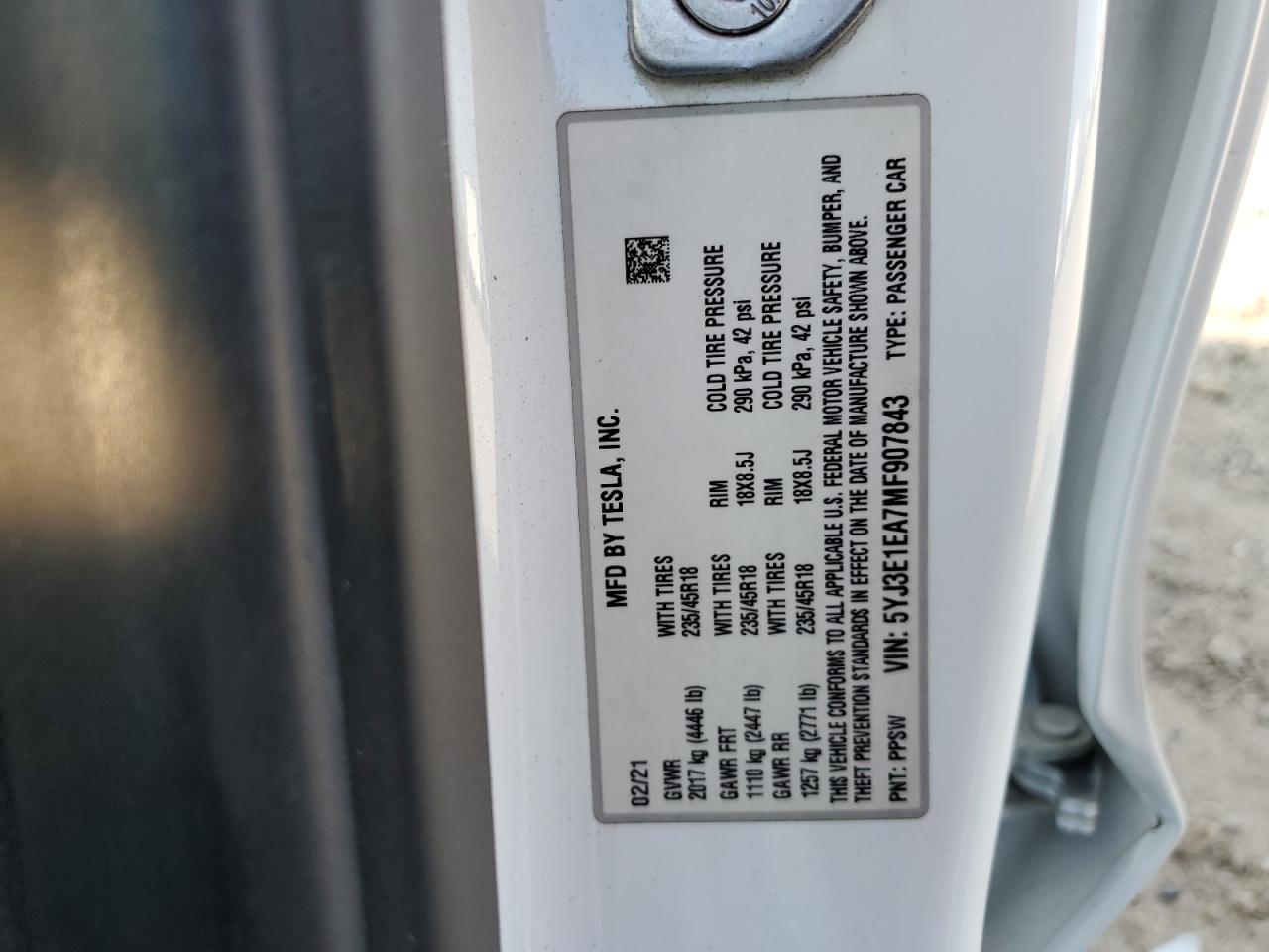 2021 Tesla Model 3 VIN: 5YJ3E1EA7MF907843 Lot: 66987864