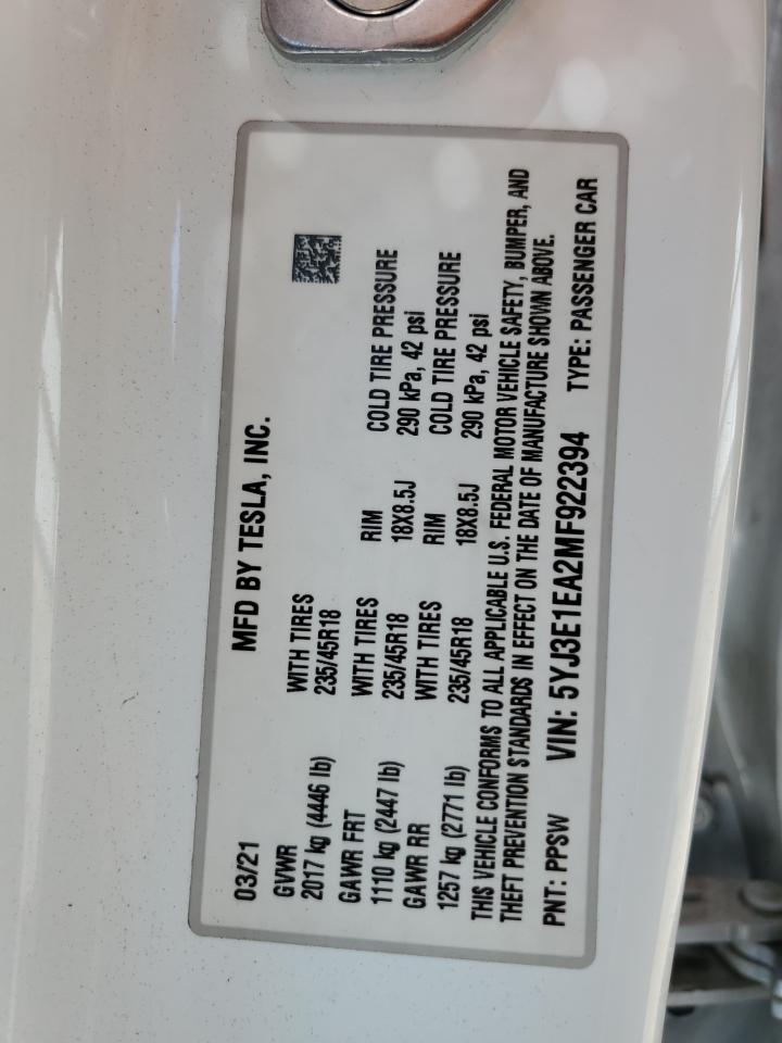 2021 Tesla Model 3 VIN: 5YJ3E1EA2MF922394 Lot: 68376314