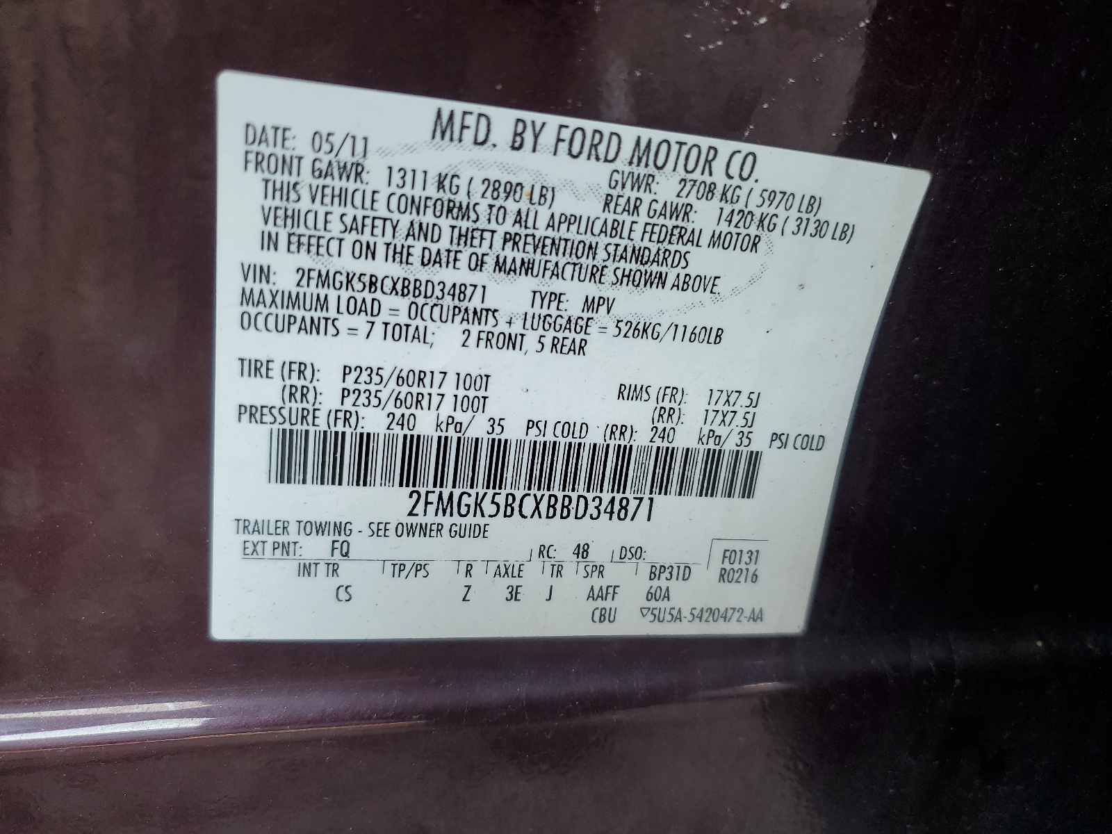 2FMGK5BCXBBD34871 2011 Ford Flex Se