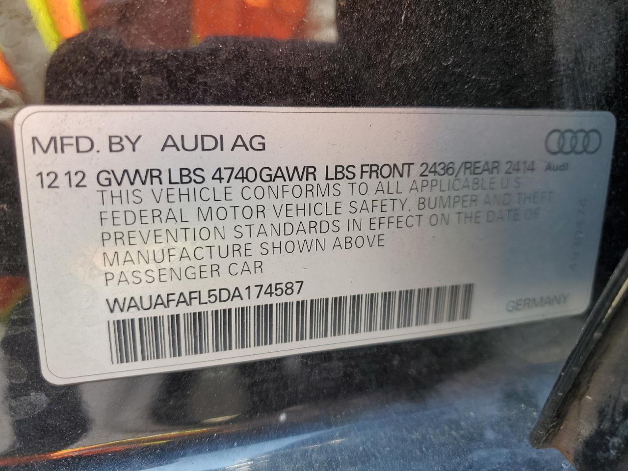 2013 Audi A4 Premium VIN: WAUAFAFL5DA174587 Lot: 66438764