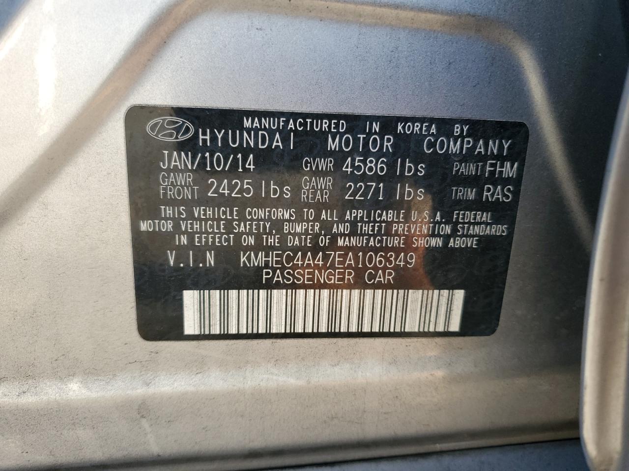 KMHEC4A47EA106349 2014 Hyundai Sonata Hybrid