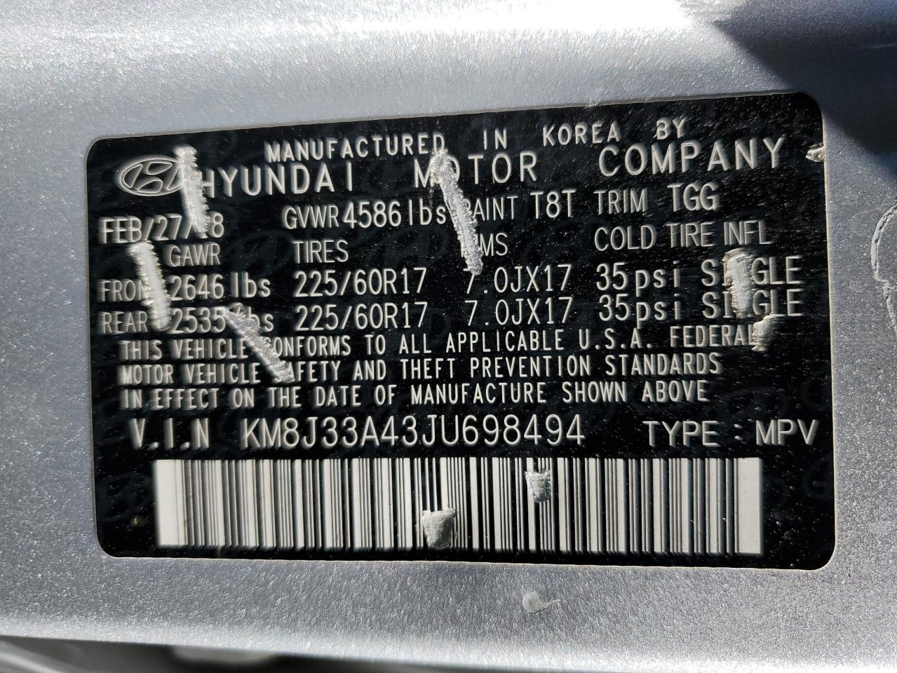 KM8J33A43JU698494 2018 Hyundai Tucson Sel