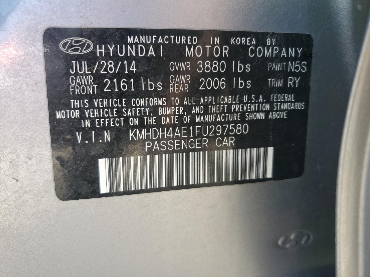 2015 Hyundai Elantra Se VIN: KMHDH4AE1FU297580 Lot: 69321364