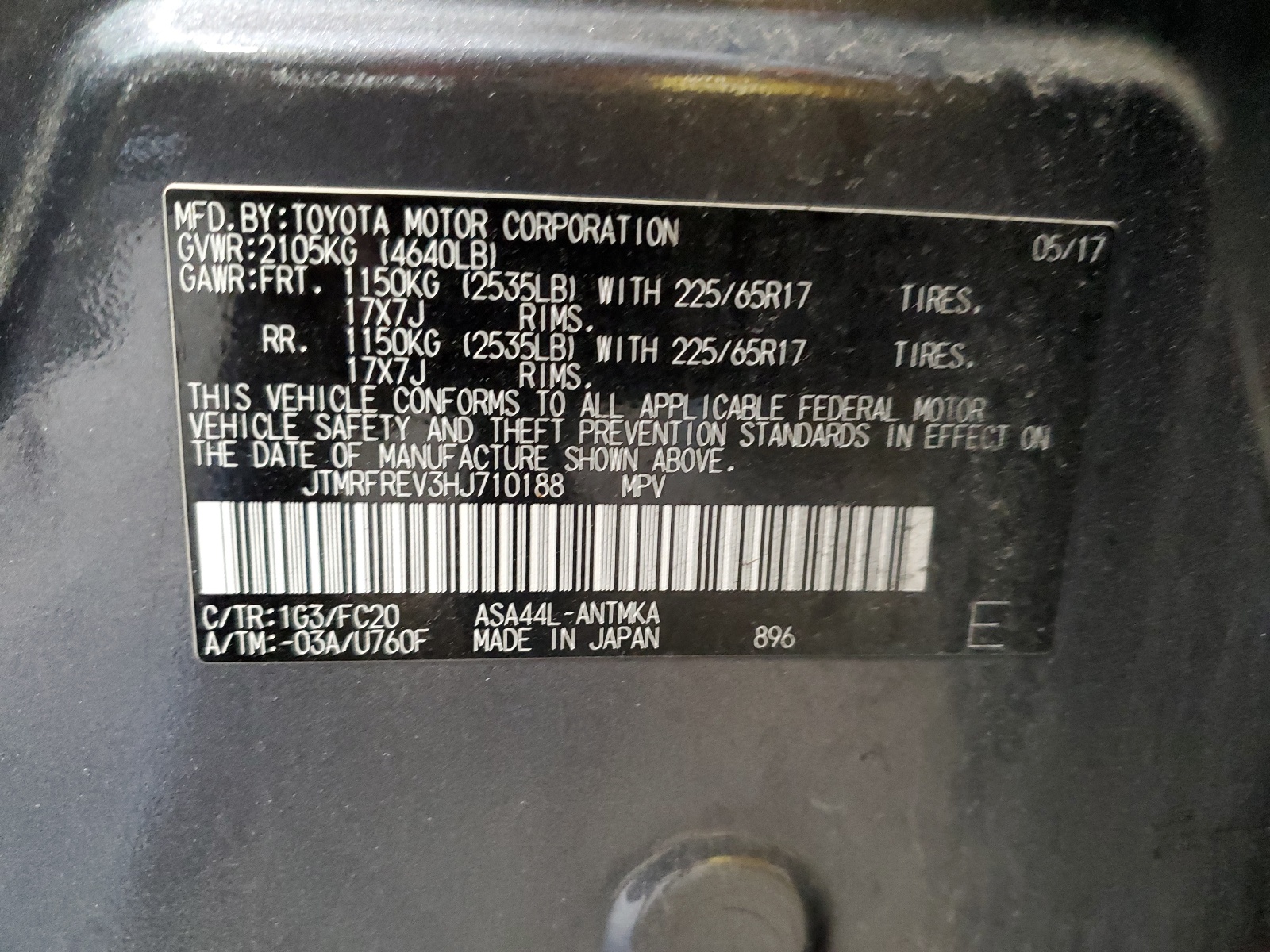 JTMRFREV3HJ710188 2017 Toyota Rav4 Xle