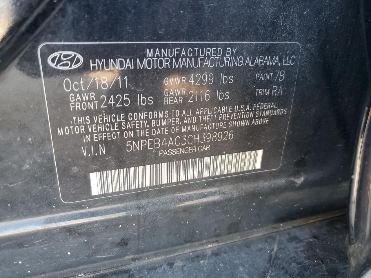 5NPEB4AC3CH398926 2012 Hyundai Sonata Gls