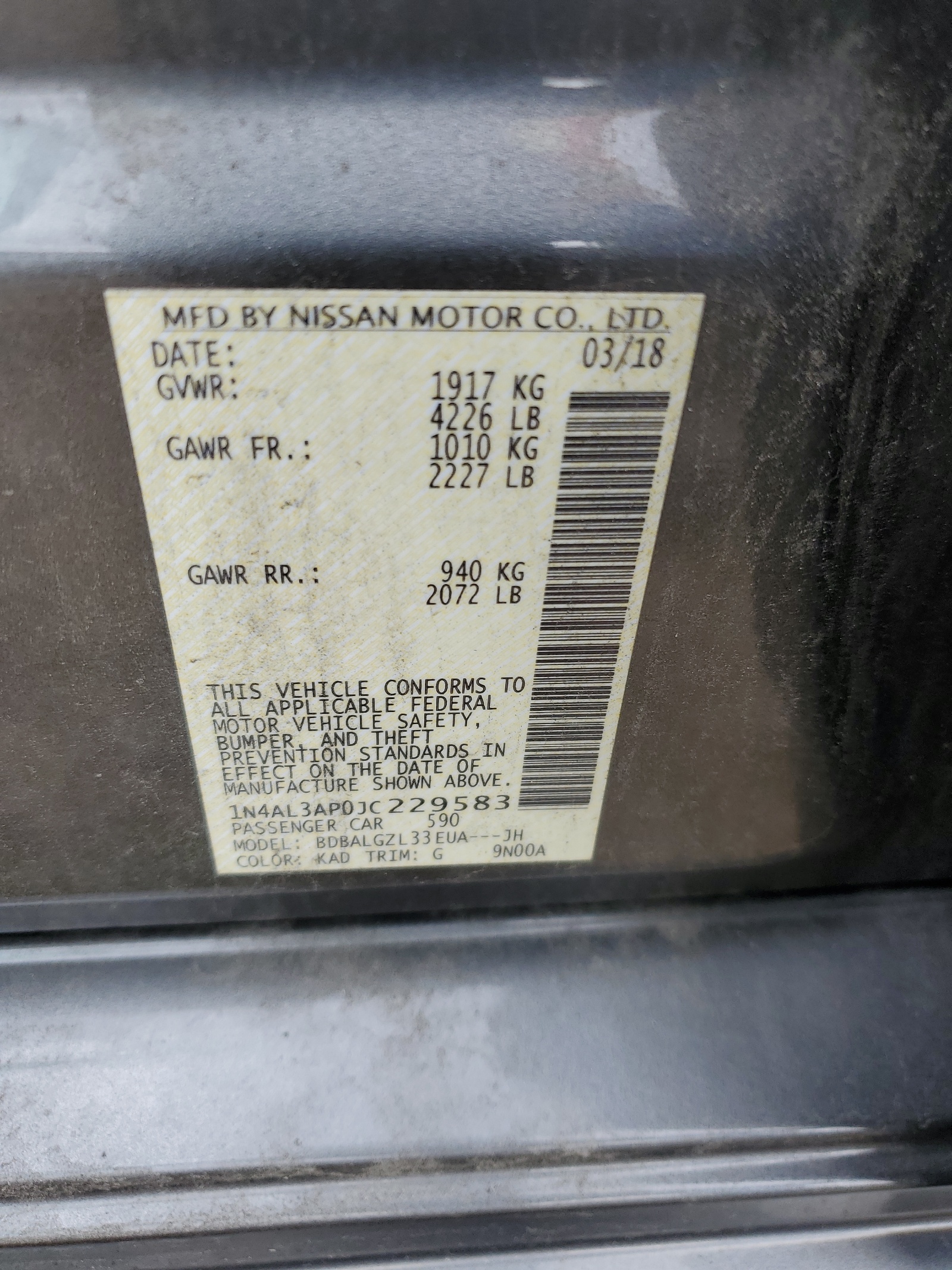 1N4AL3AP0JC229583 2018 Nissan Altima 2.5