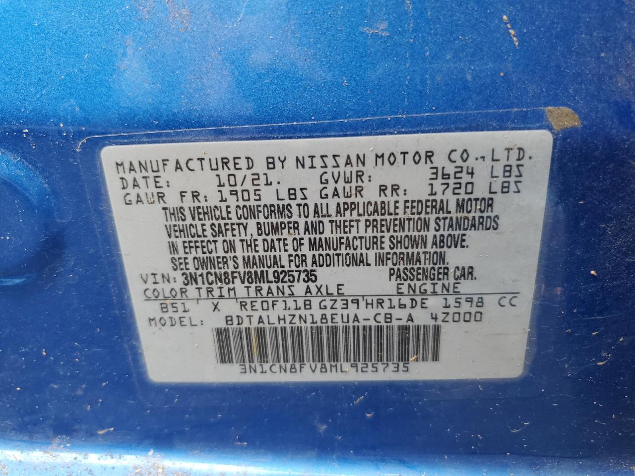 3N1CN8FV8ML925735 2021 Nissan Versa Sr