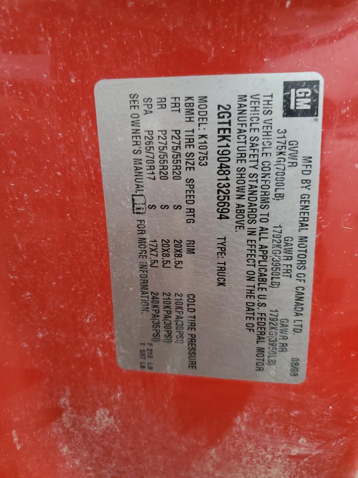 2008 GMC Sierra K1500 VIN: 2GTEK190481325694 Lot: 65899314