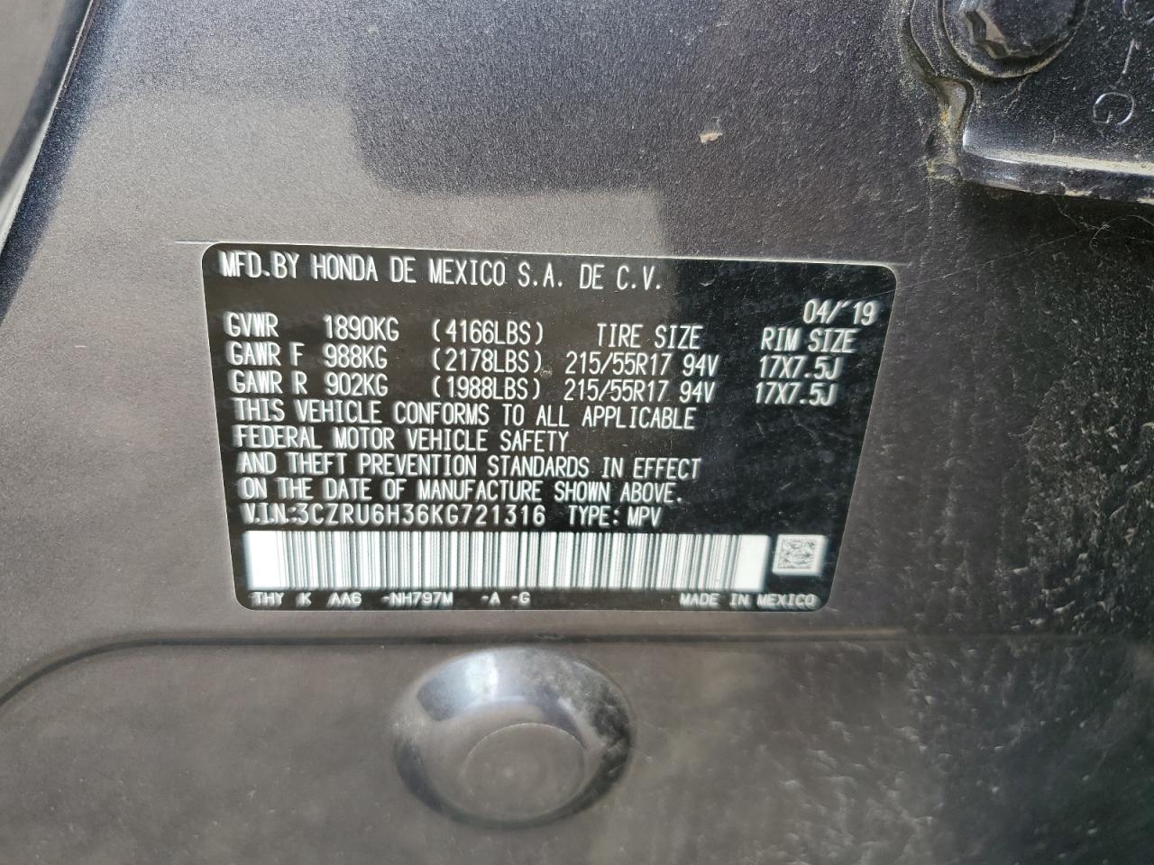 2019 Honda Hr-V Lx VIN: 3CZRU6H36KG721316 Lot: 65764694