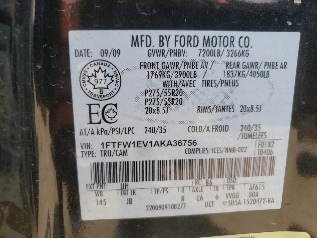 1FTFW1EV1AKA36756 2010 Ford F150 Supercrew